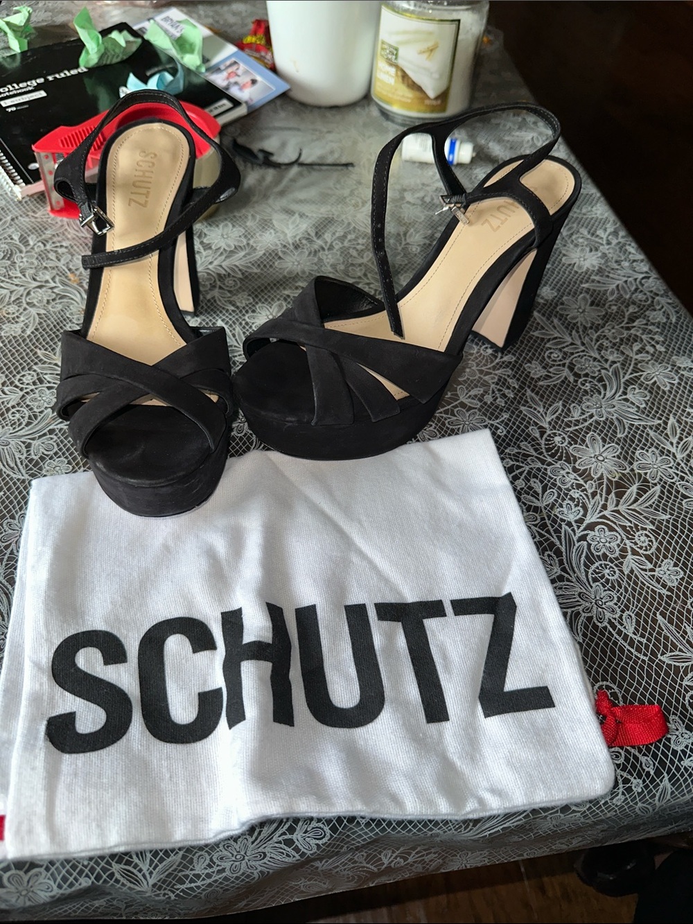 SCHUTZ Black Suede Crisscross Platform Sandals